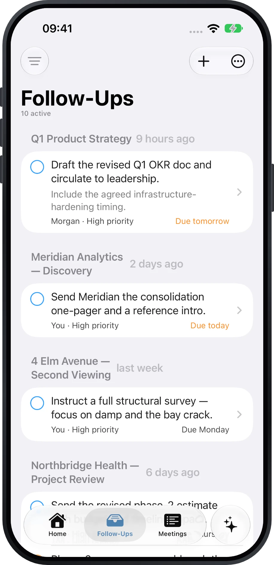 Précis Follow-Ups queue grouped by source meeting