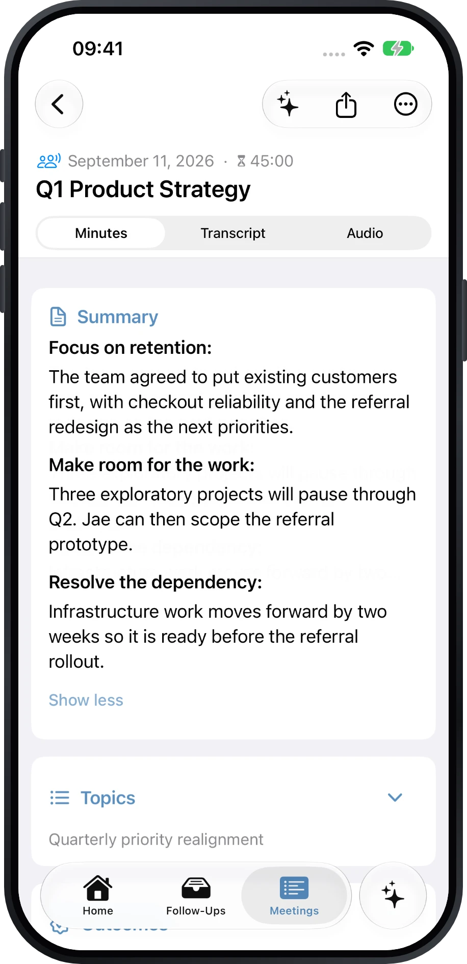 Précis structured Minutes for a product strategy meeting