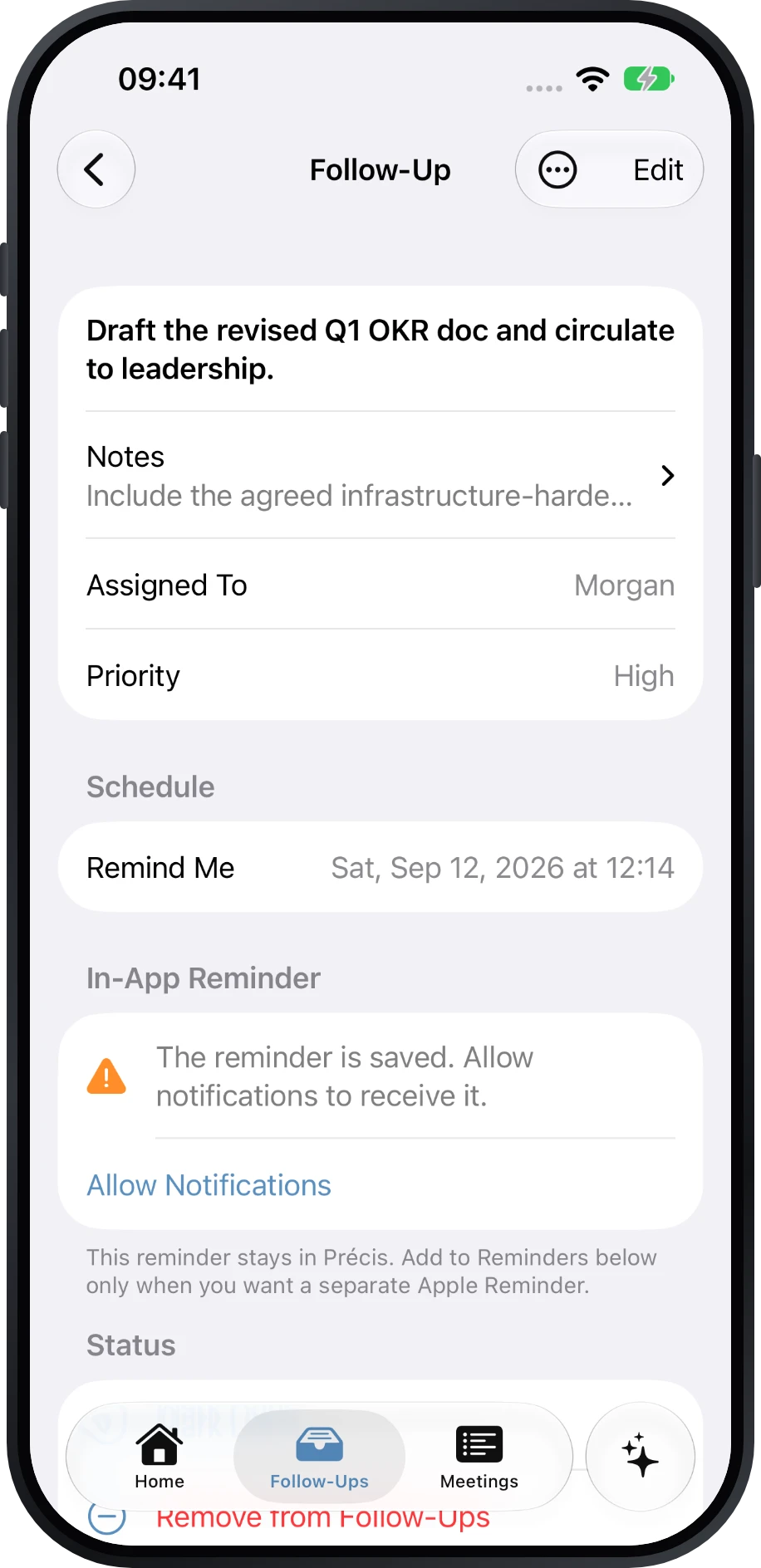 Follow-Up detail with owner, priority, due date, and reminder