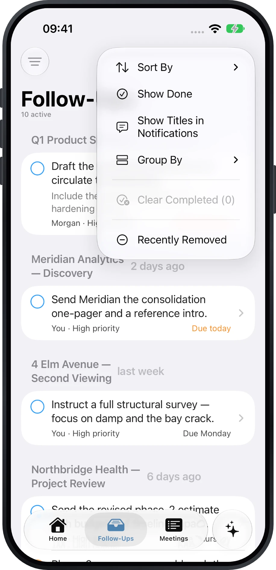 Follow-Ups menu with sorting, grouping, completed items, and recovery controls