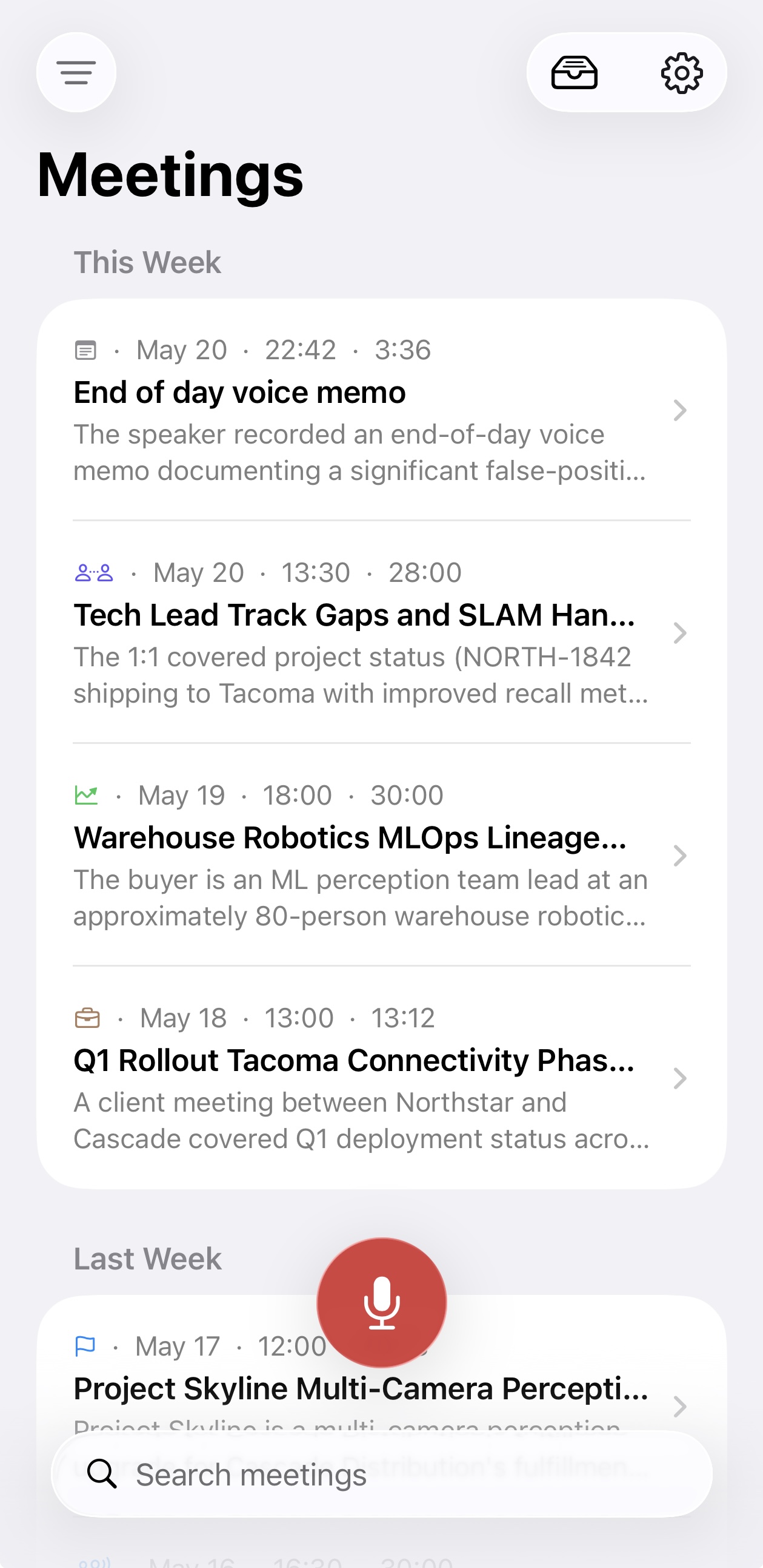 Précis Meetings screen showing recent meeting notes and search.